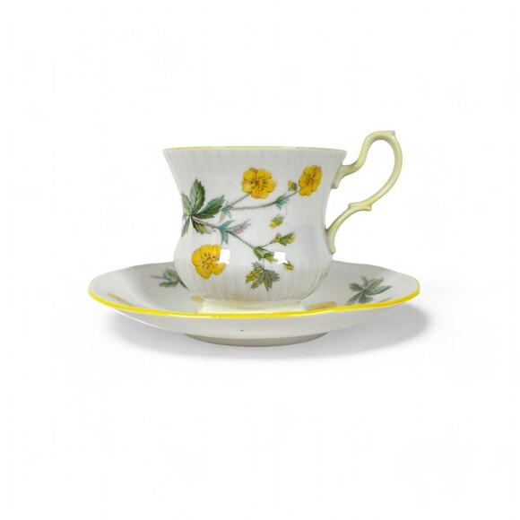 Vintage Teacup Saucer Queens Rosina Fine Bone China Ribbed Footed Yellow Flowers - Picture 1 of 11